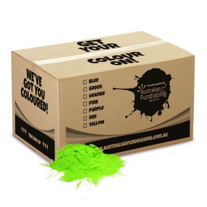 Green bulk box of Holi colour powder