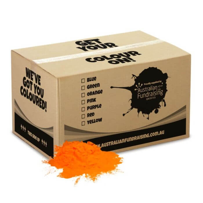 Orange bulk box of Holi colour powder